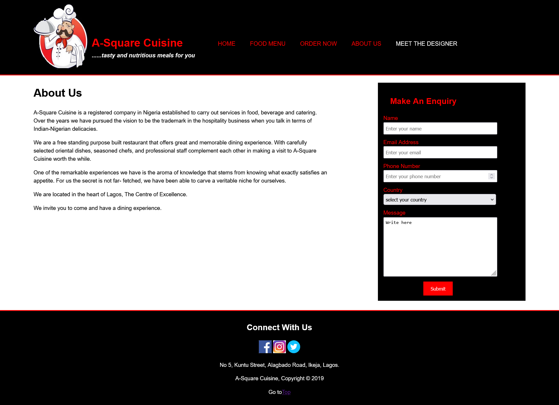 A-Square Cuisine — About & Contact UI